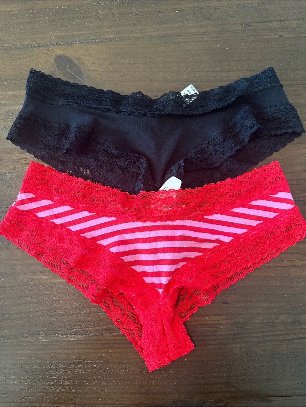 Victoria's Secret Black Lace & Red Pink Striped Lace Hipster Panty Set